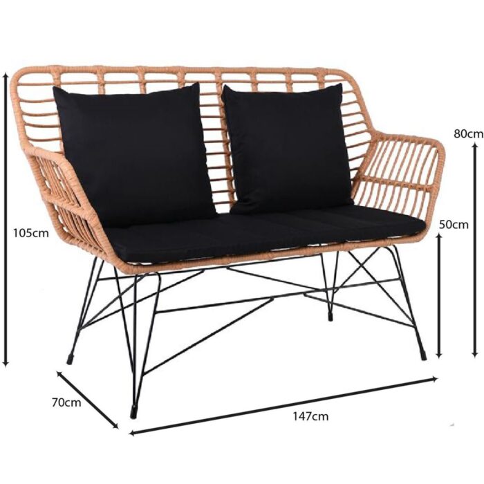 SALSA MAX Living Καναπές Κήπου 2Θέσιος, Μέταλλο Βαφή Μαύρο, Wicker Φυσικό, Μαξιλάρια Μαύρο 147x70x105cm - Image 4