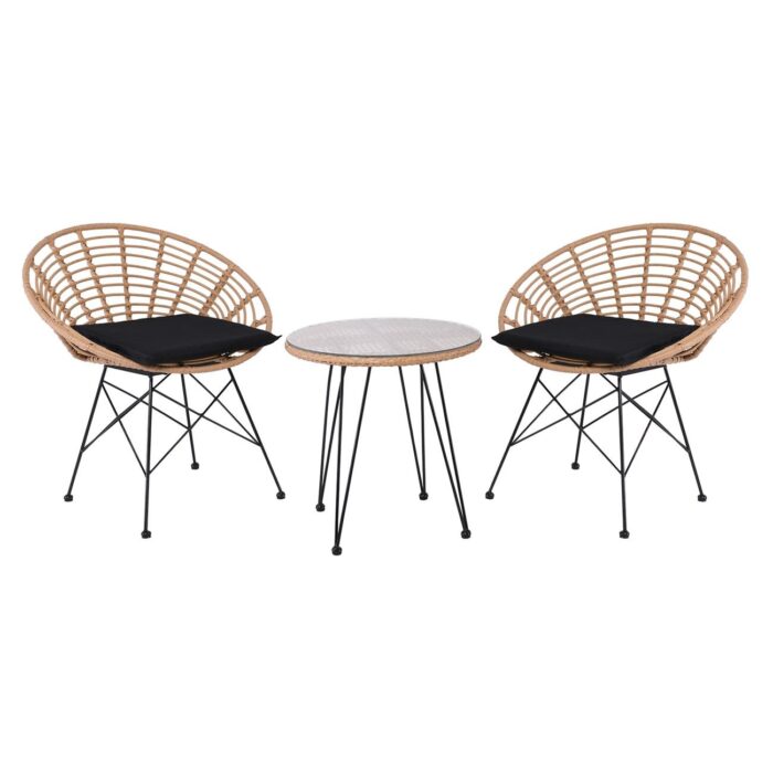SALSA Coral Coffee Set Κήπου Μέταλλο Μαύρο - Γυαλί - Wicker Φυσικό: Τραπεζάκι+2 Πολυθρόνες TableΦ52x53 Armchair72x62x81cm - Image 2