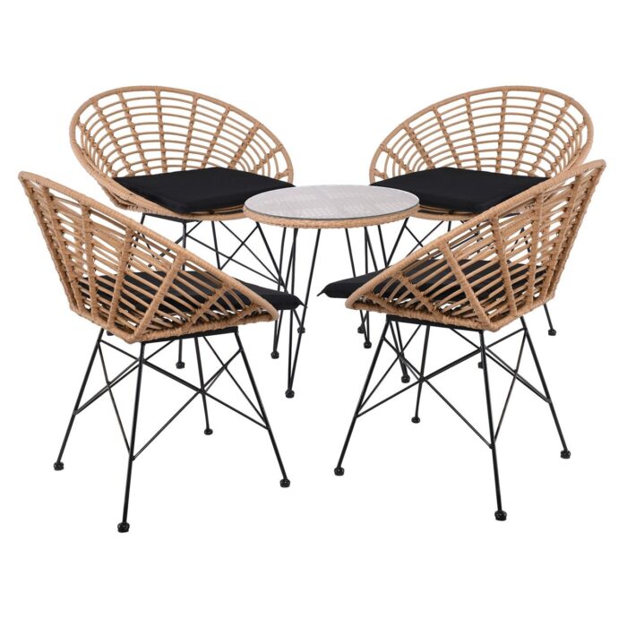 SALSA Coral Coffee Set Κήπου Μέταλλο Μαύρο - Γυαλί - Wicker Φυσικό: Τραπεζάκι+4 Πολυθρόνες TableΦ52x53 Armchair72x62x81cm - Image 2
