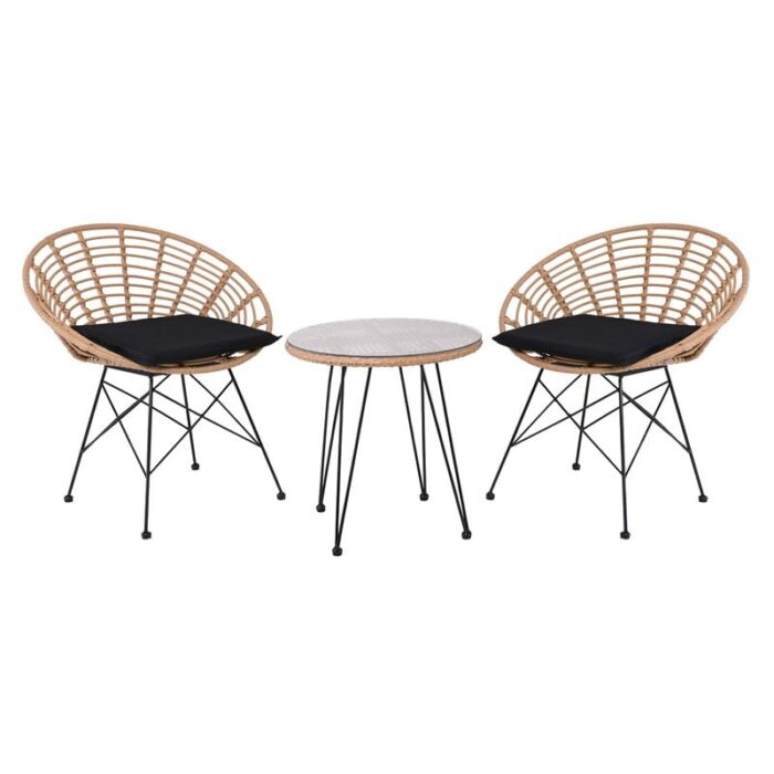 SALSA Coral Coffee Set Κήπου Μέταλλο Μαύρο - Γυαλί - Wicker Φυσικό: Τραπεζάκι+2 Πολυθρόνες TableΦ52x53 Armchair72x62x81cm - Image 1