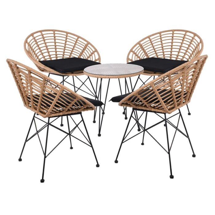 SALSA Coral Coffee Set Κήπου Μέταλλο Μαύρο - Γυαλί - Wicker Φυσικό: Τραπεζάκι+4 Πολυθρόνες TableΦ52x53 Armchair72x62x81cm - Image 1