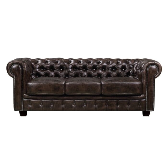 CHESTERFIELD Birmingham Καναπές 3Θέσιος Σαλονιού Καθιστικού,Δέρμα Απόχρωση Καφέ 201x92x74cm - Image 2