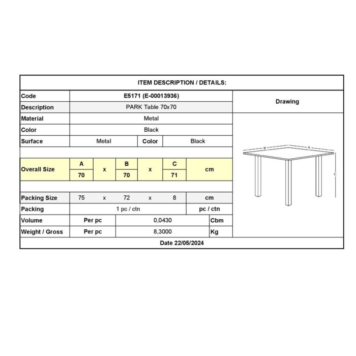 PARK Τραπέζι Μέταλλο Βαφή Μαύρο 70x70x71cm - Image 3