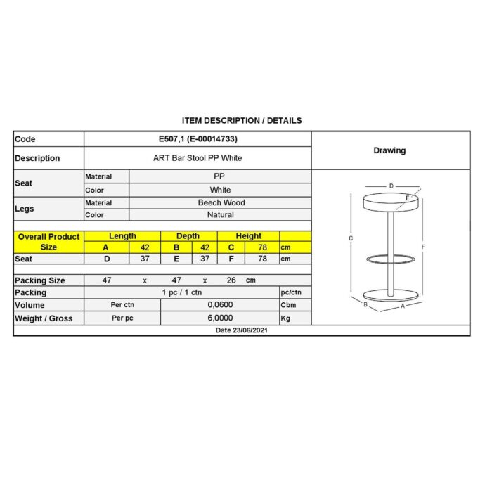 ART Σκαμπό BAR, Ξύλο Φυσικό, PP Άσπρο 37x37 H.78cm - Image 3